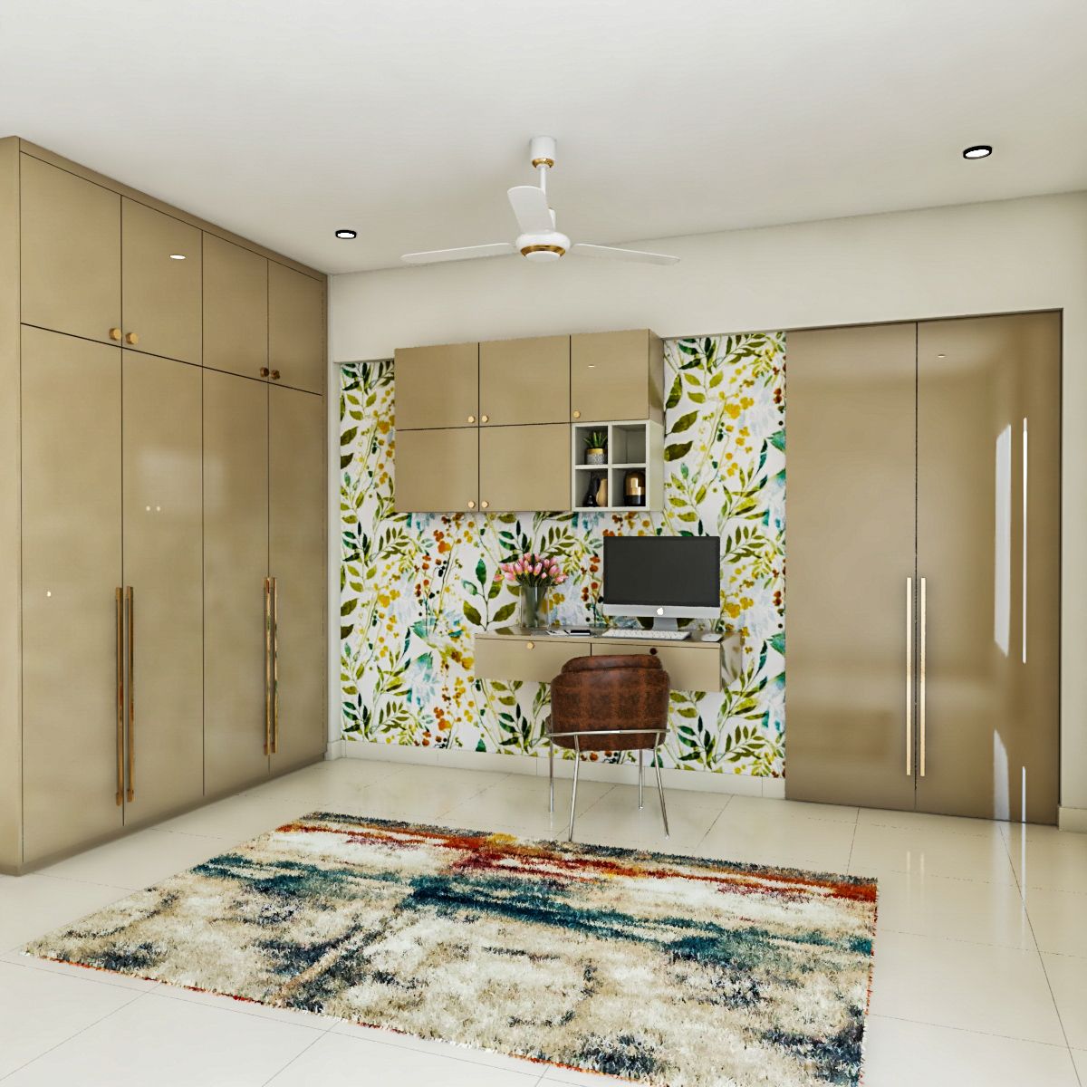 Modern Study Room Design With Beige Floating Unit And Tropical Wallpaper