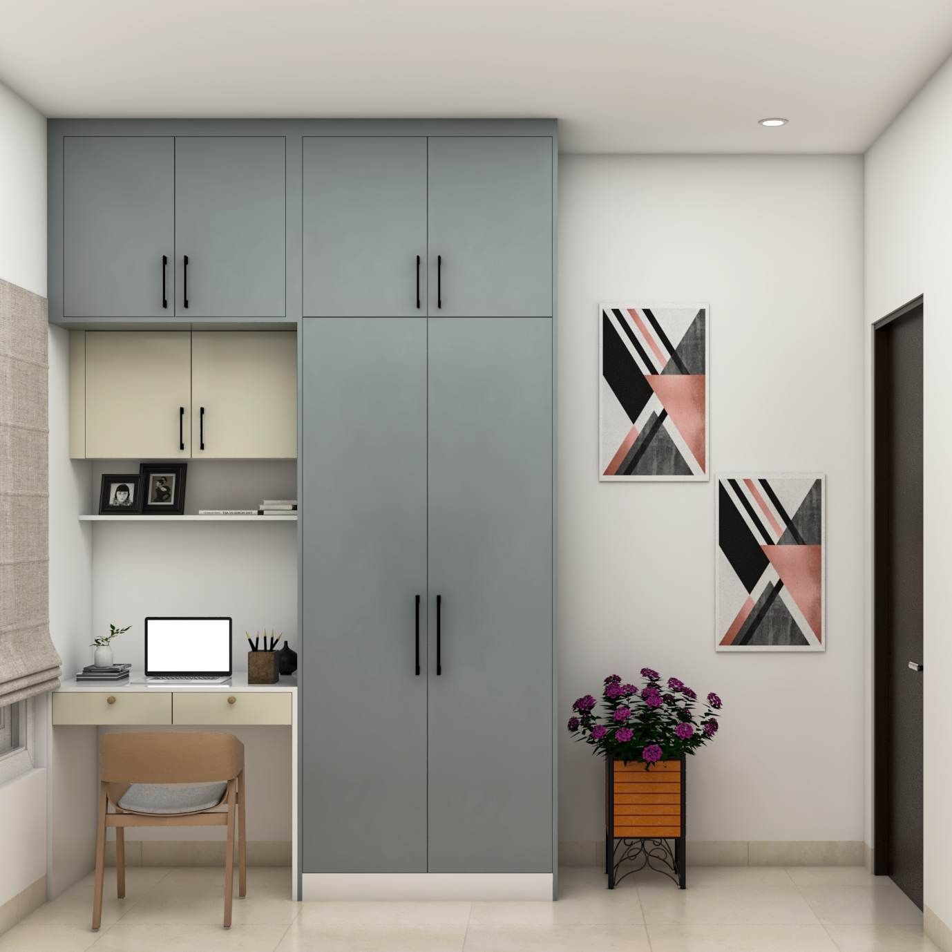 Modern Study Room Design With Grey Wardrobe Storage