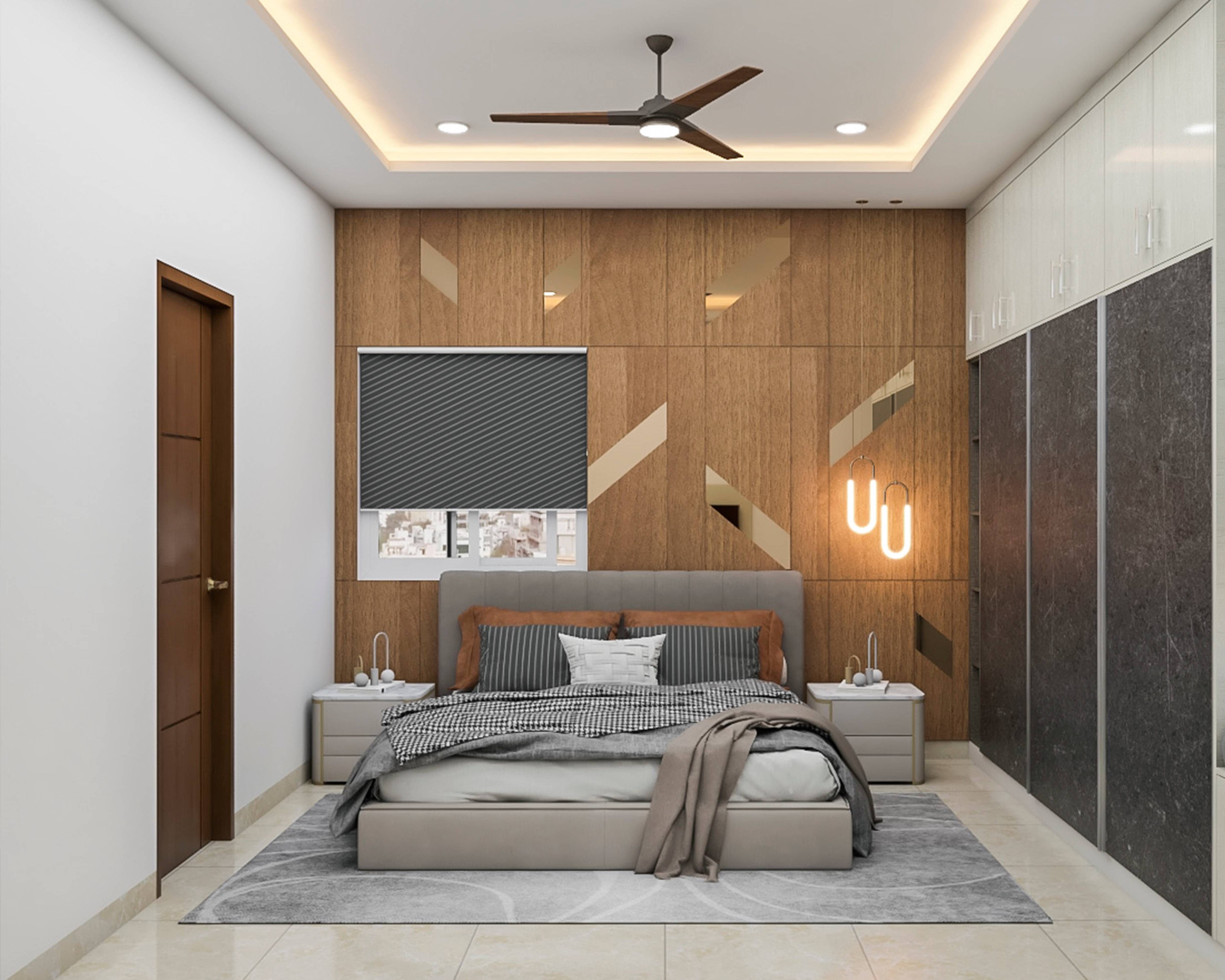 Contemporary Master Bedroom With Grey Upholstered Bed And Wooden Wall Panelling