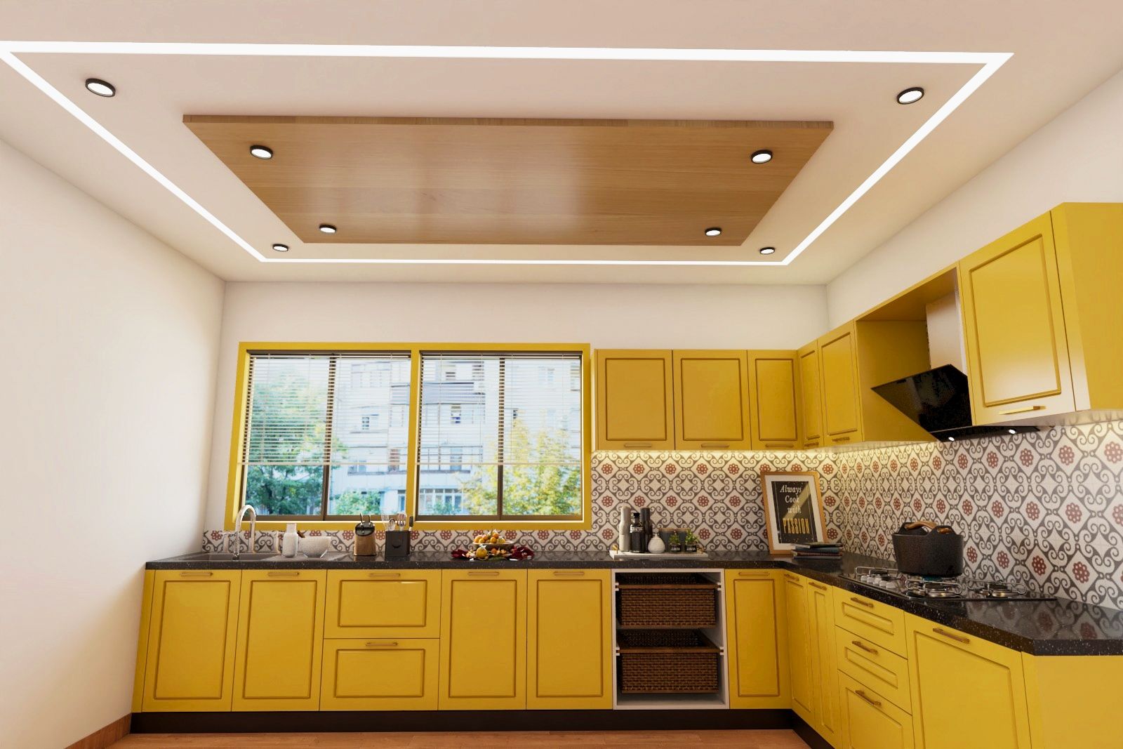 Multi-Layered Wooden And Gypsum False Ceiling Design For The Kitchen