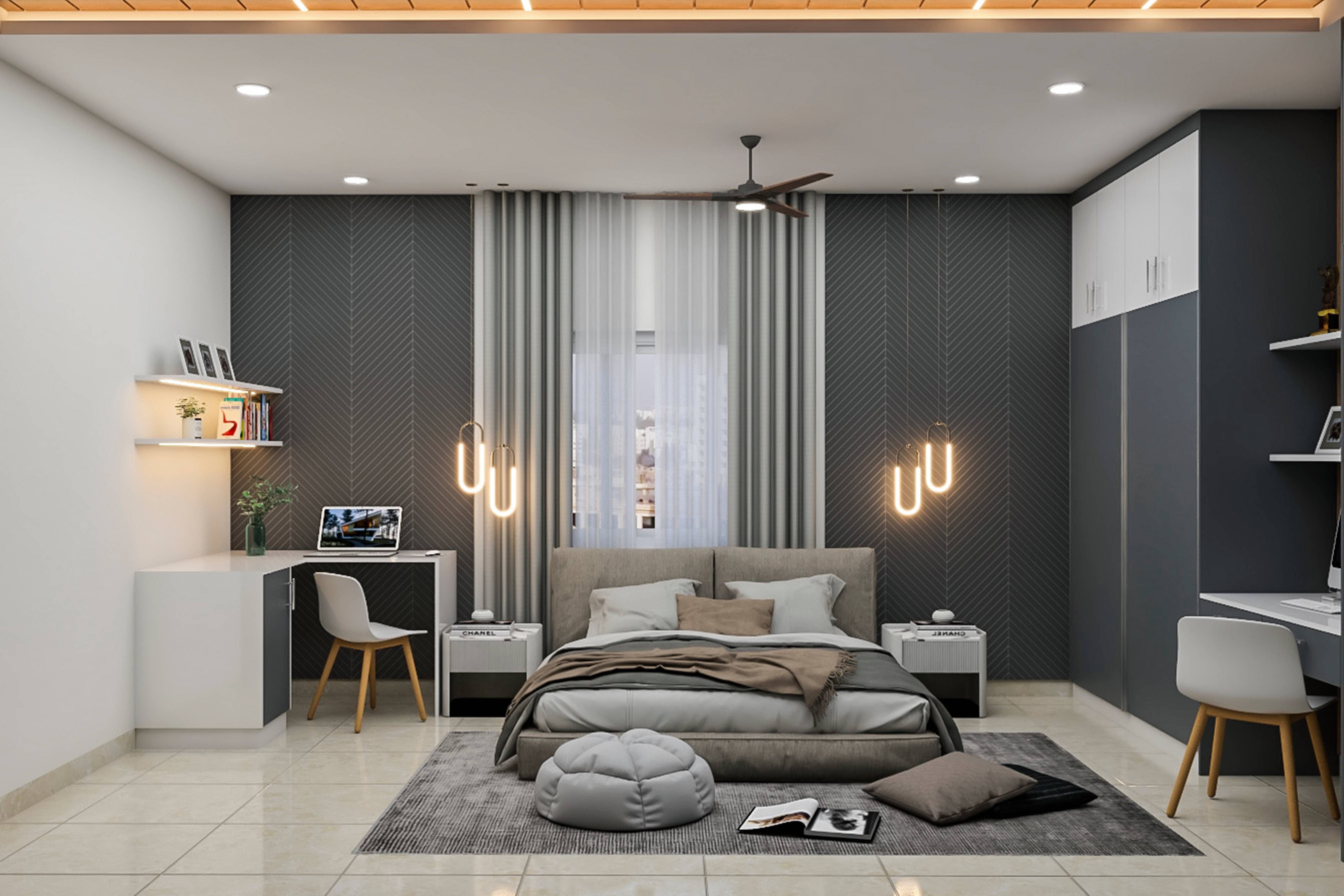 Contemporary Master Bedroom Design With Grey Patterned Wall Panelling