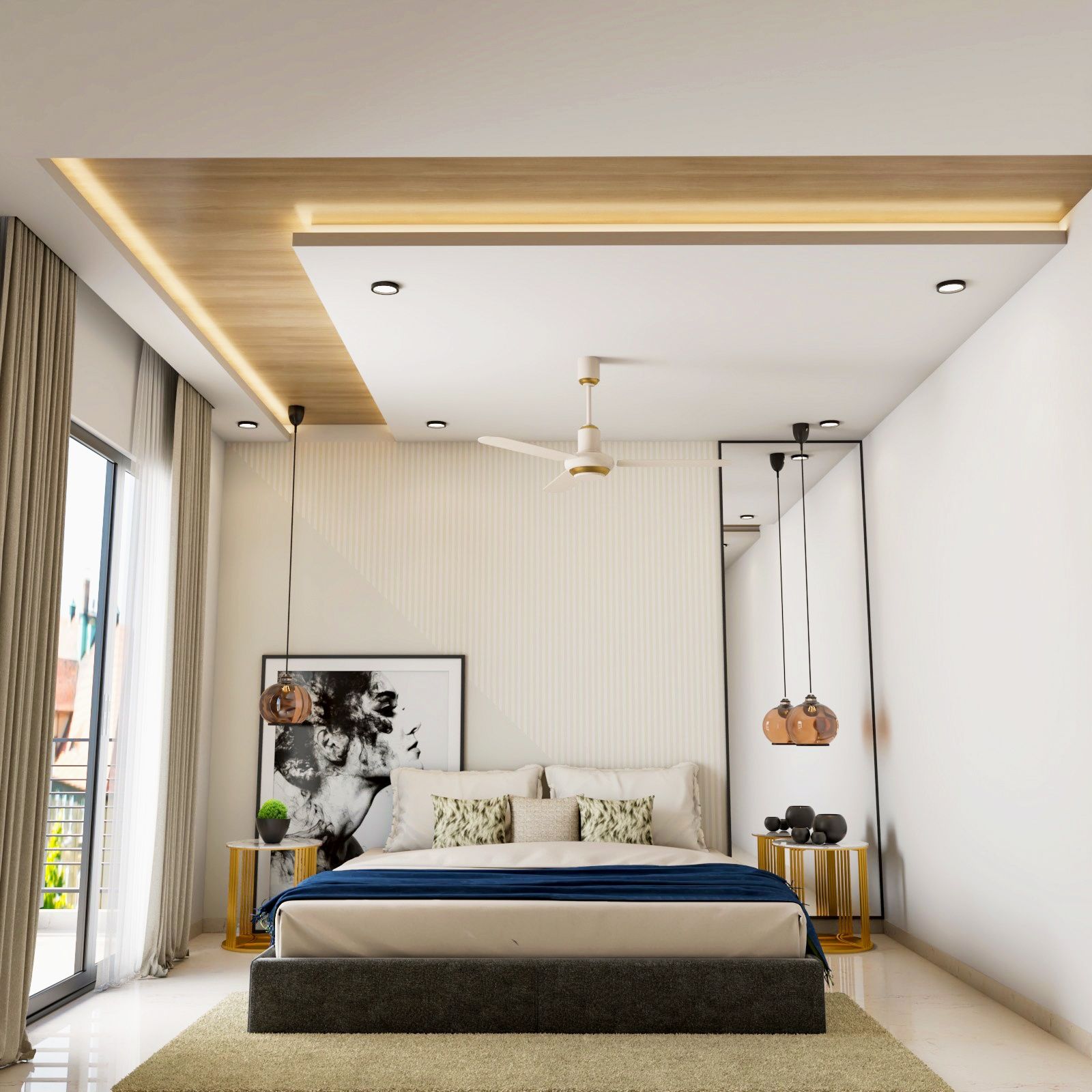 Multilayered White And Wood Bedroom Ceiling Design