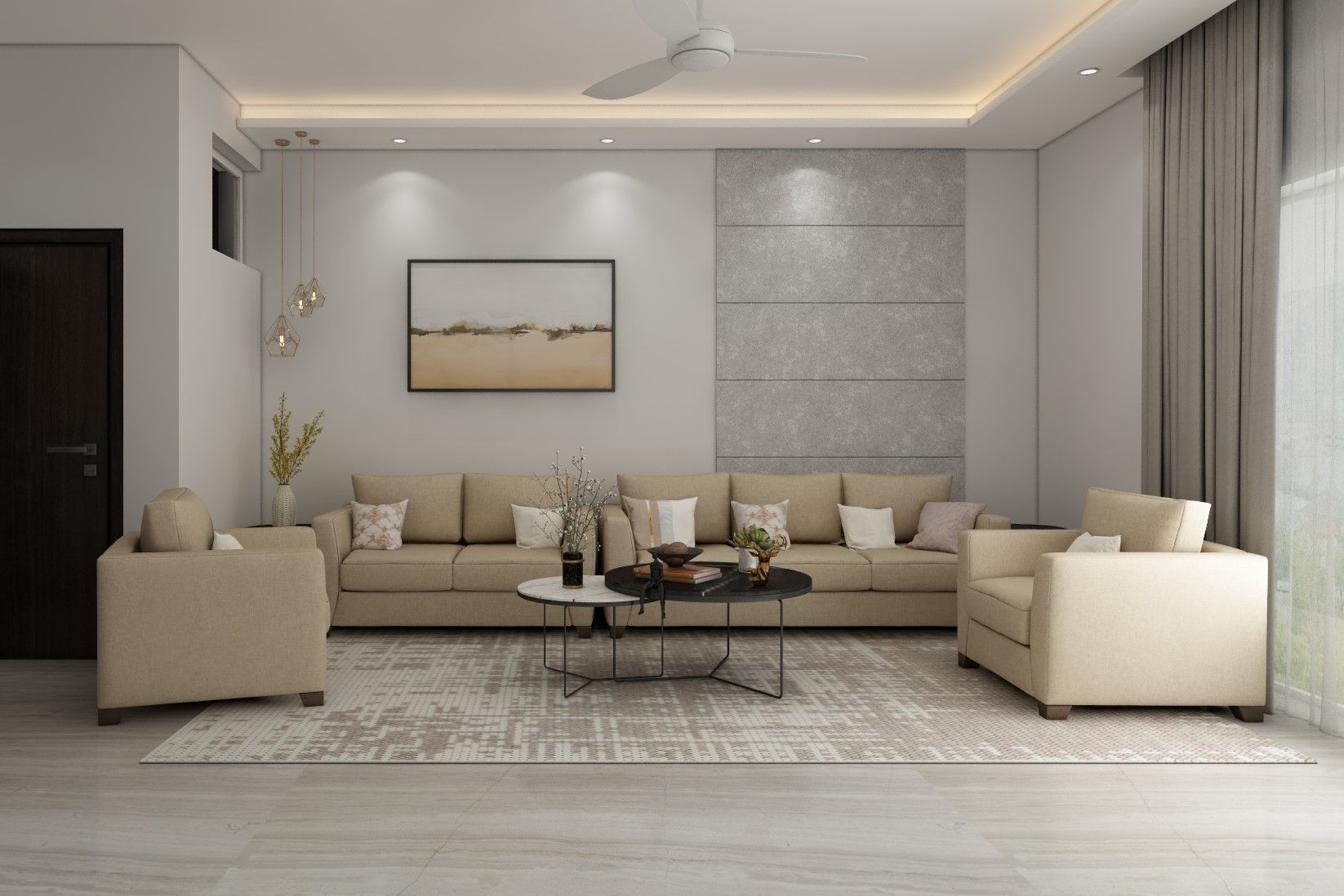 Modern Living Room Design With 3 Beige Upholstered Sofas
