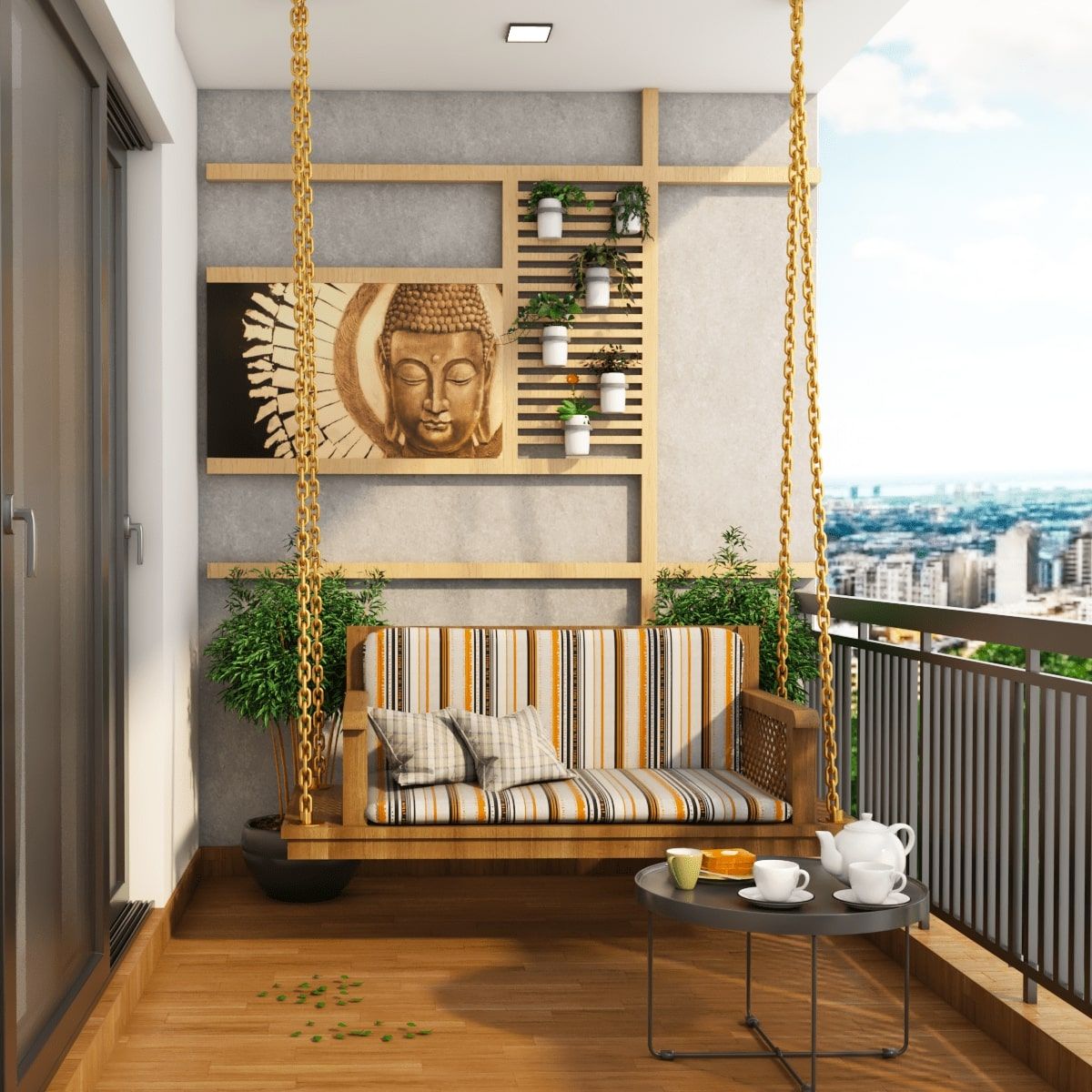 Contemporary Balcony Design With Dark Wooden Flooring