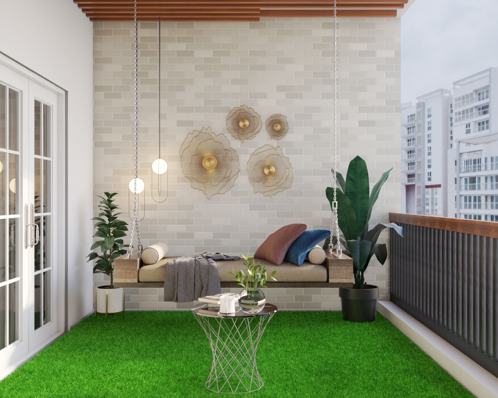 Modern Balcony Design With Wall Art And Textured Wall Paint