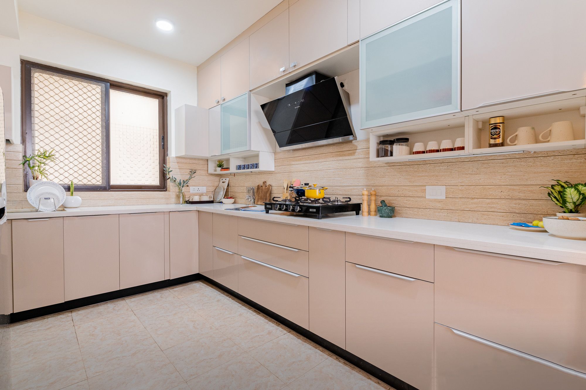 Modern L-Shaped Kitchen Design with Light Beige Cabinets