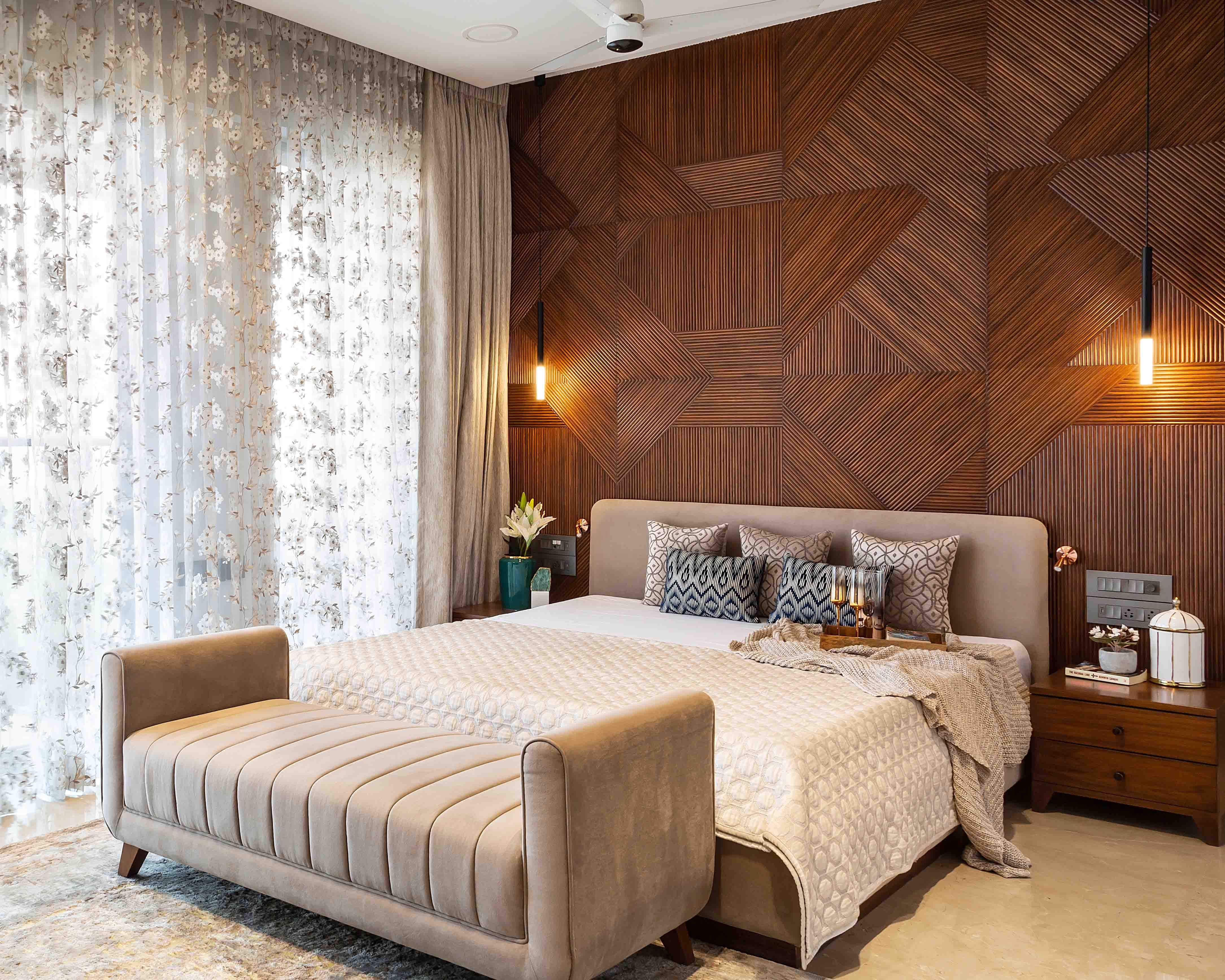 Modern Brown MDF Bedroom Wall Design With Wall Panelling And Solid Wood Accents