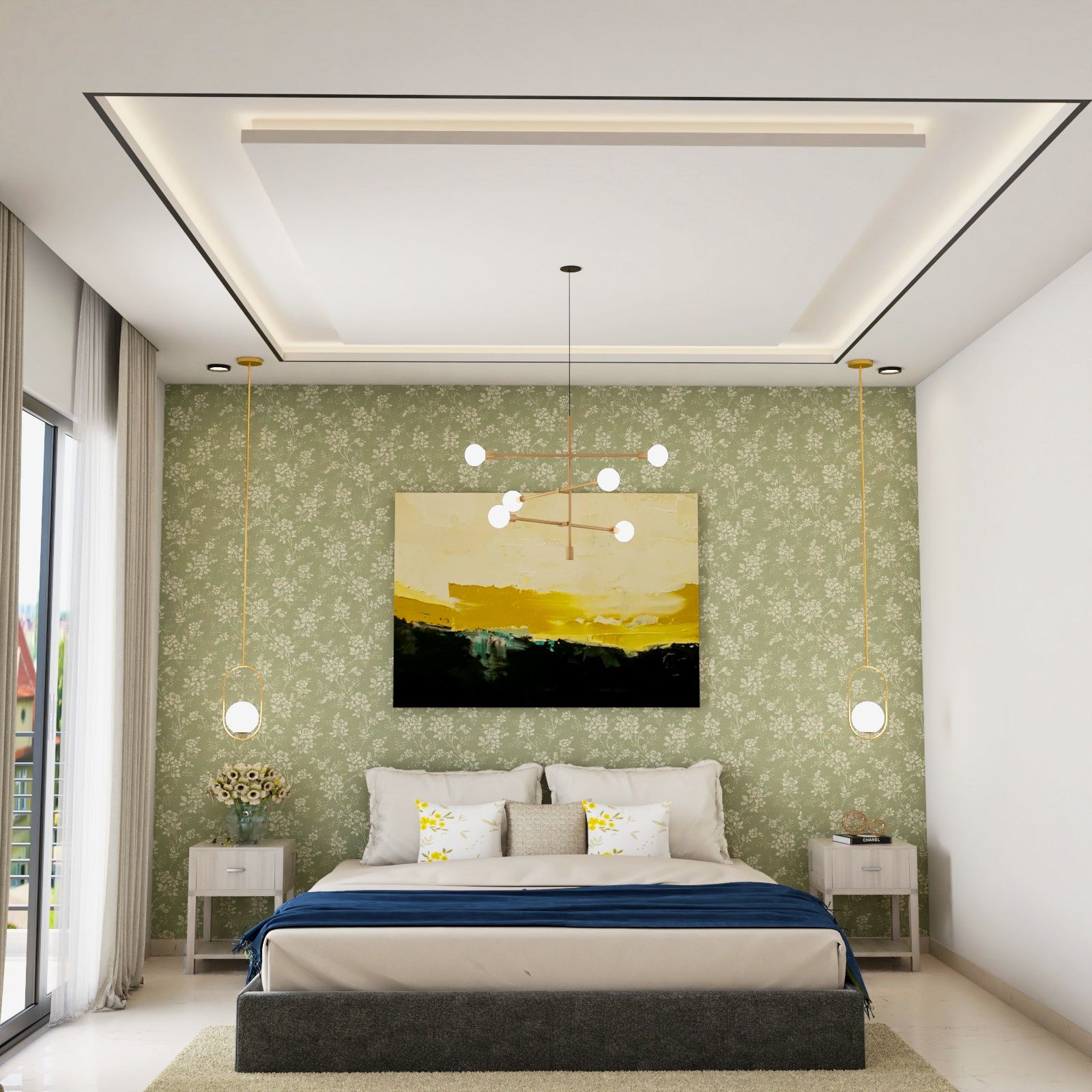Rectangular Multilayered Bedroom Ceiling Design With Cove Lights And Green Floral Wallpaper Design