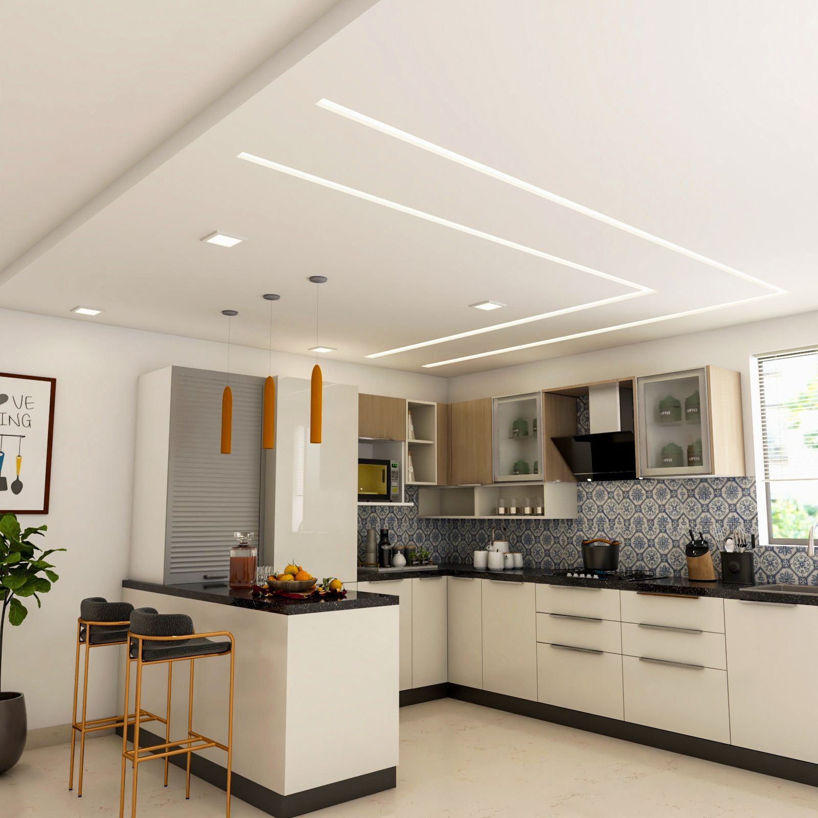 Geometric Gypsum Rectangular Ceiling Design For The Kitchen