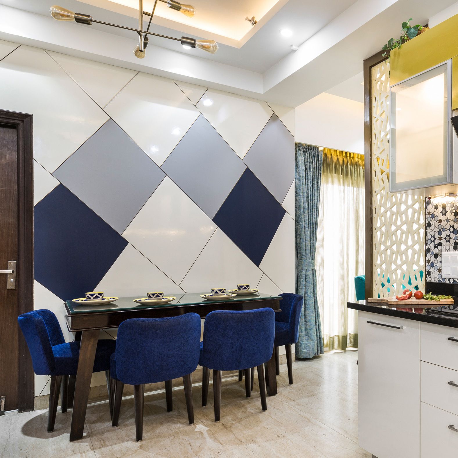Modern Geometric Wall Paint Design With Blue And Grey Shades