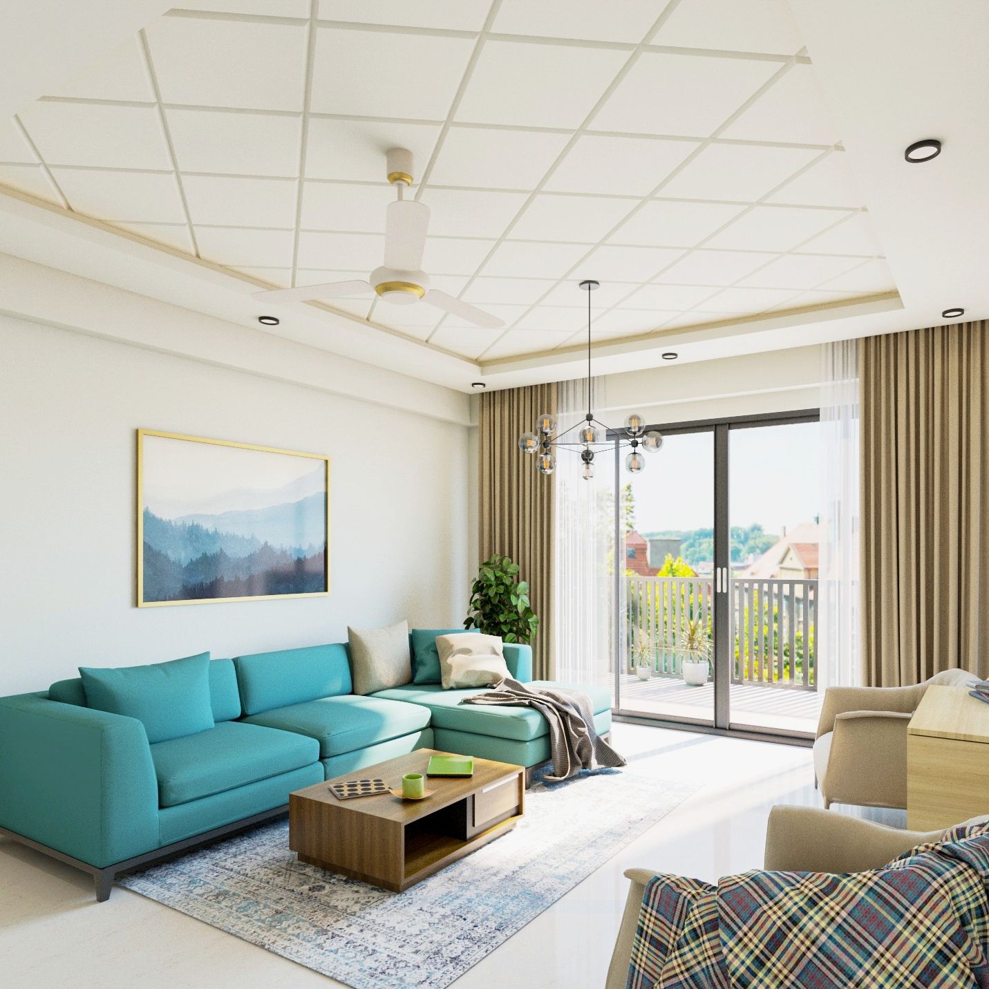 Rectangular White Gypsum Ceiling Design For Living Room