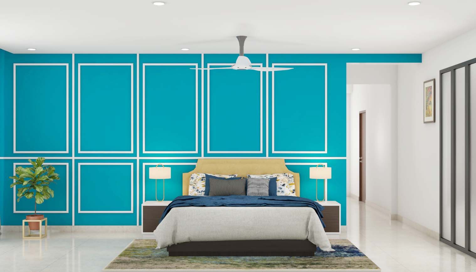 Contemporary Master Bedroom Design With Blue Accent Wall With Wall Trims