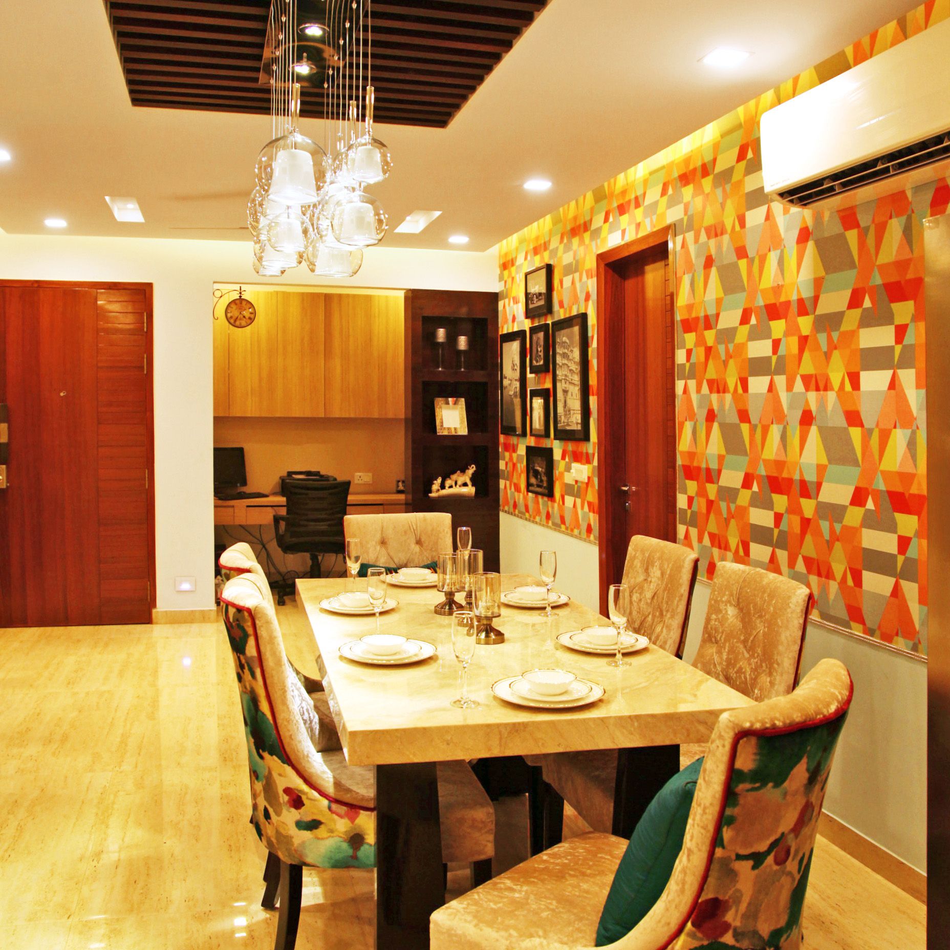 Contemporary 6-Seater Dining Room Design With A Colourful Wallpaper