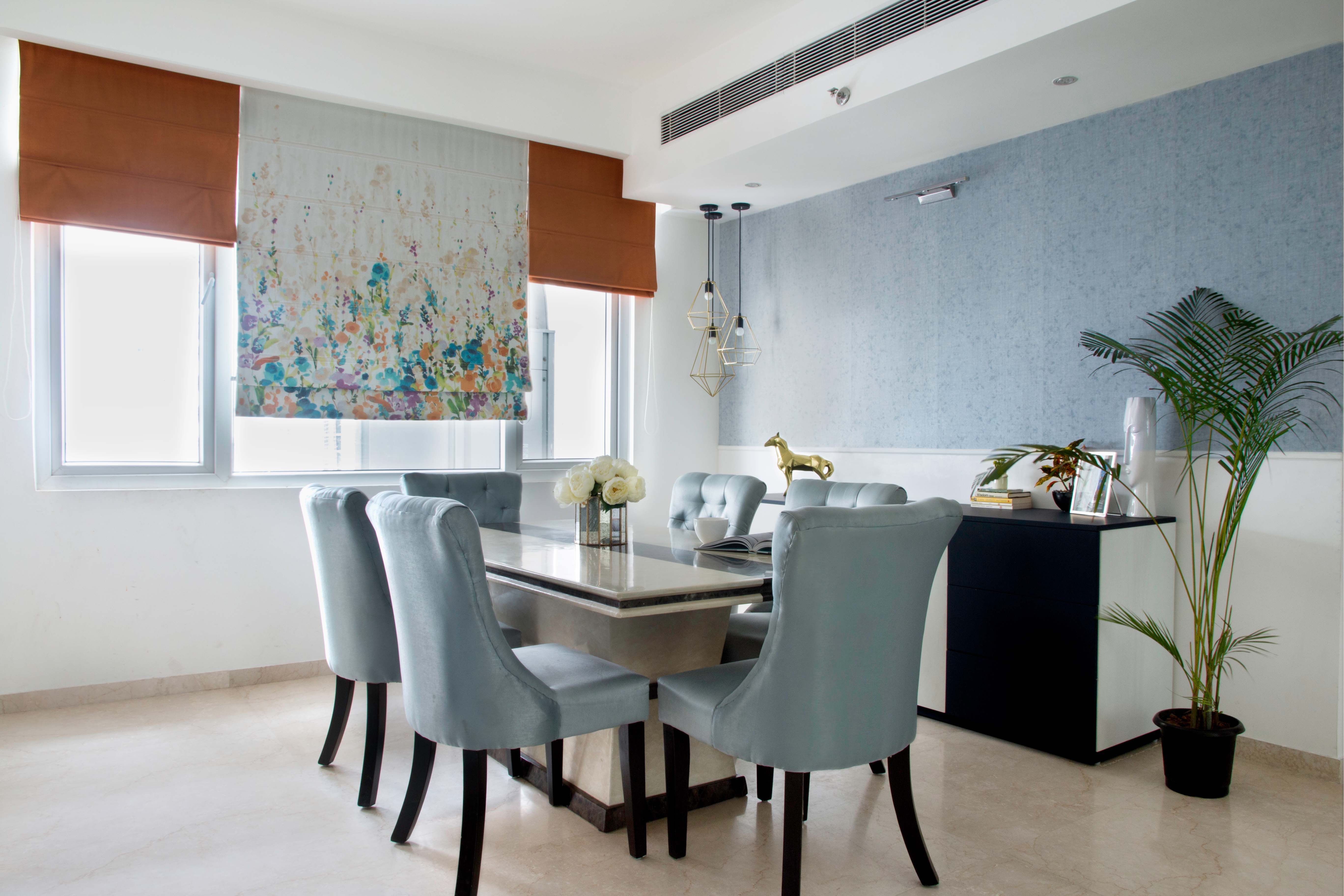 Modern 1-BHK Flat In Delhi With 6-Seater Dining Room Design