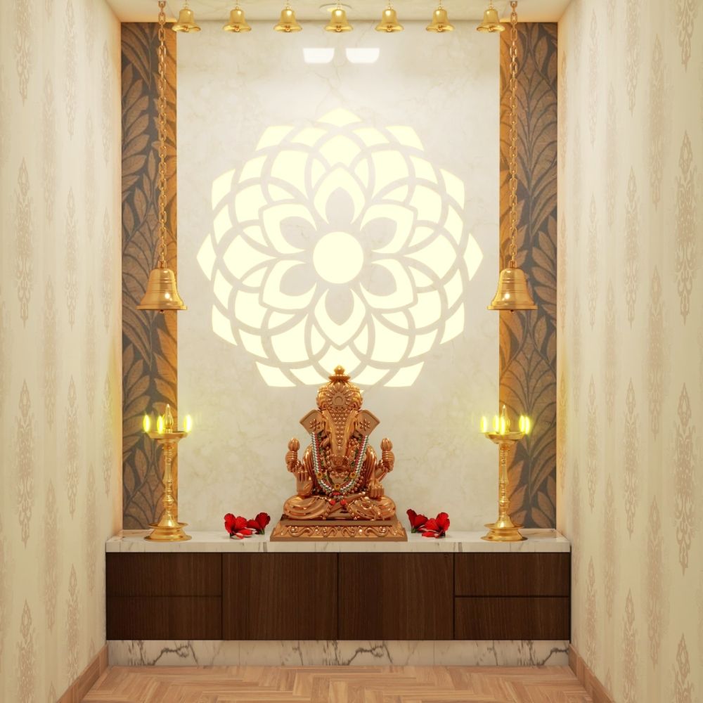 Contemporary Pooja Unit with Beige Floral Wall Panel and Decorative Bells