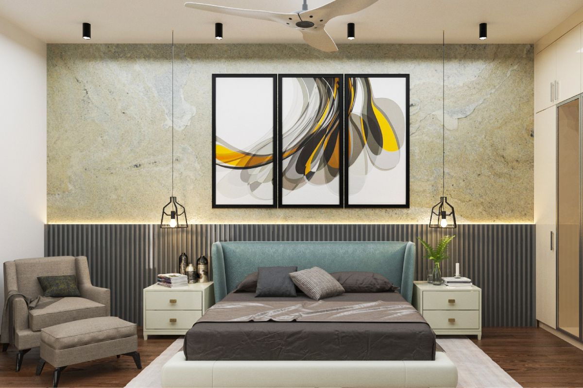 Modern Master Bedroom Design With Grey Fluted Wall Panel