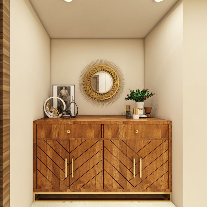Modern Foyer Design With Wooden Storage Unit And Ornamental Round Mirror