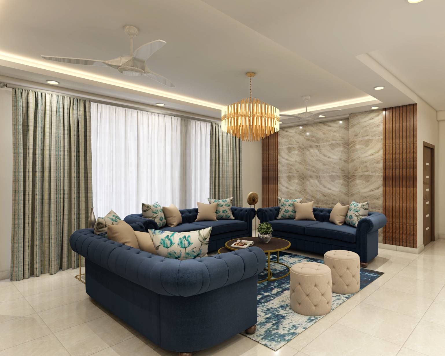 Contemporary Living Room Design With 3 Royal Blue Upholstered Sofas