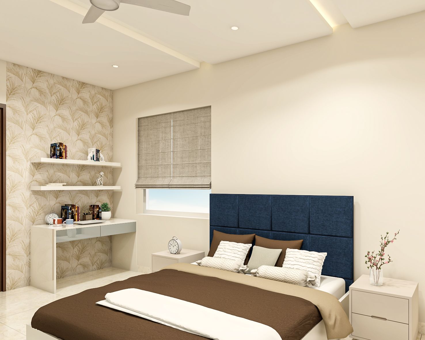 Contemporary Guest Bedroom Design With A White Bed And A Dark Blue Tufted Headboard