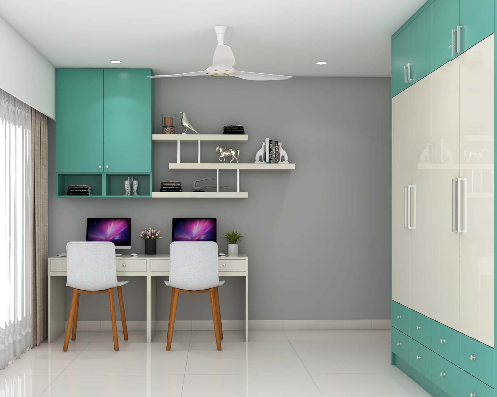 Contemporary Study Room Design With Aqua Green And Frosty White Wardrobe