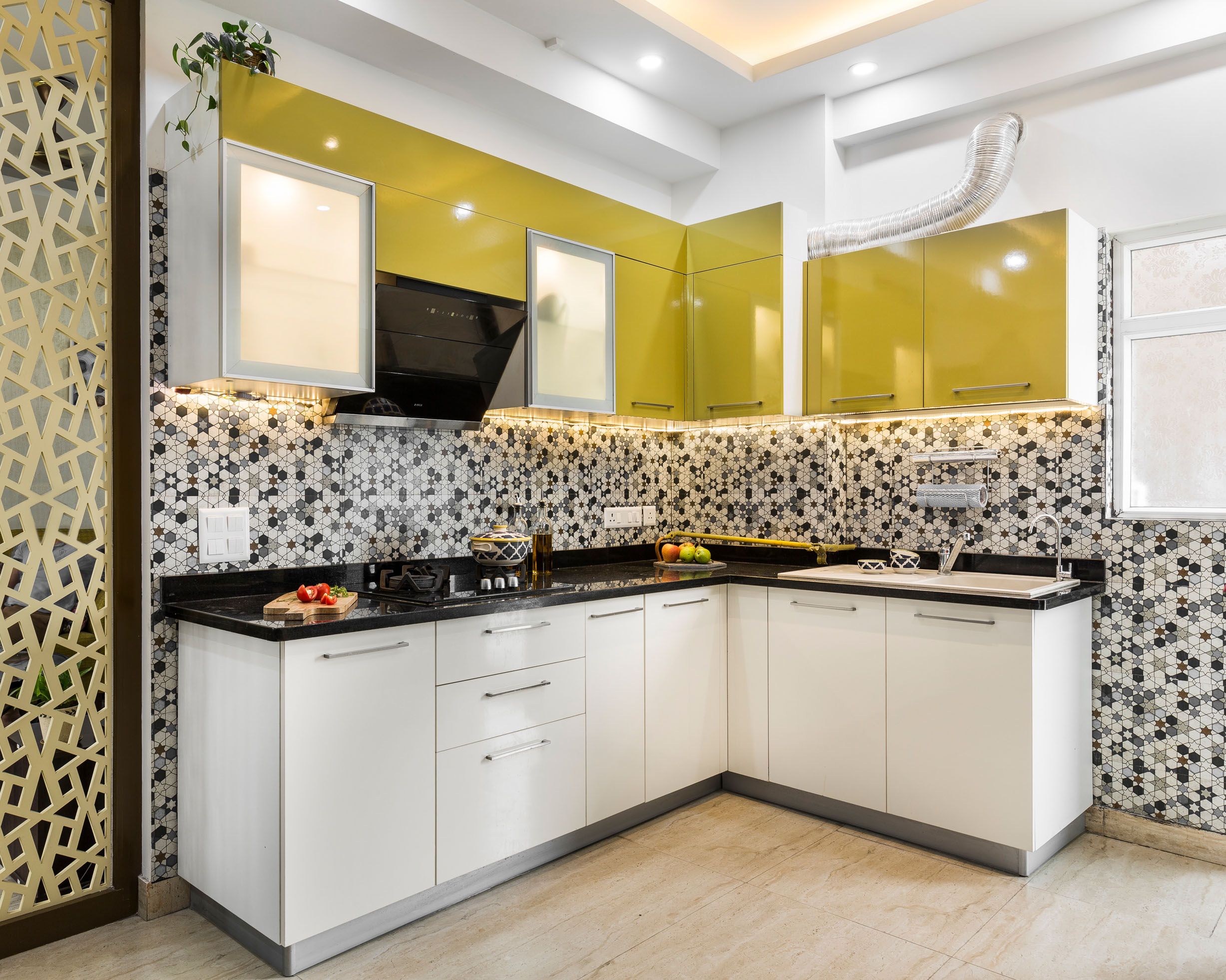 Contemporary L-Shape Modular Kitchen Design with Frosty White Base Unit