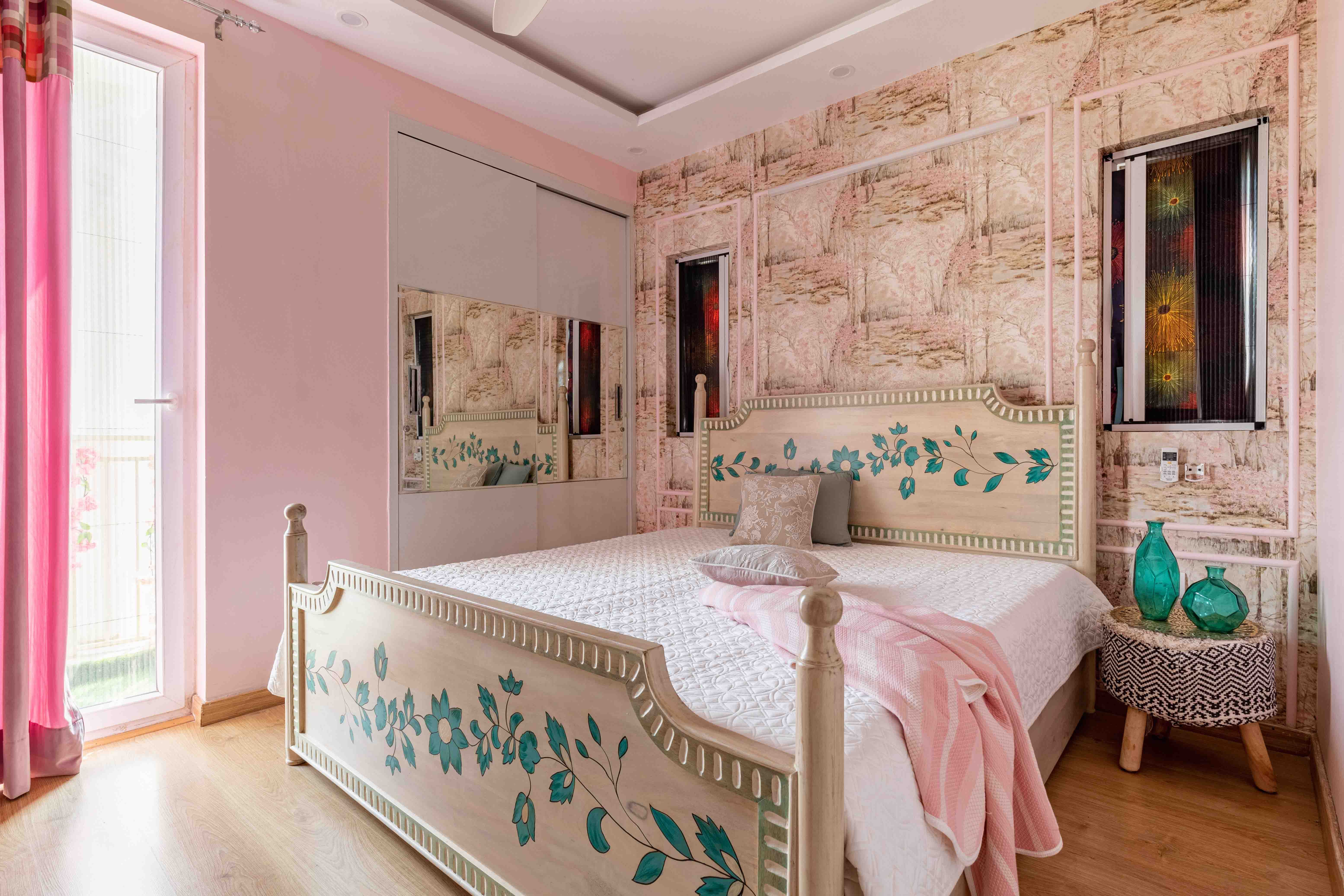 Modern Bedroom Wall Design With Pink Abstract Wallpaper