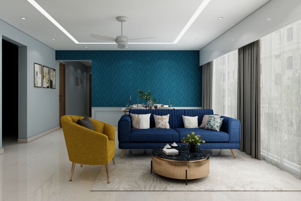 Contemporary Living Room Design With A Blue And A Yellow Sofa