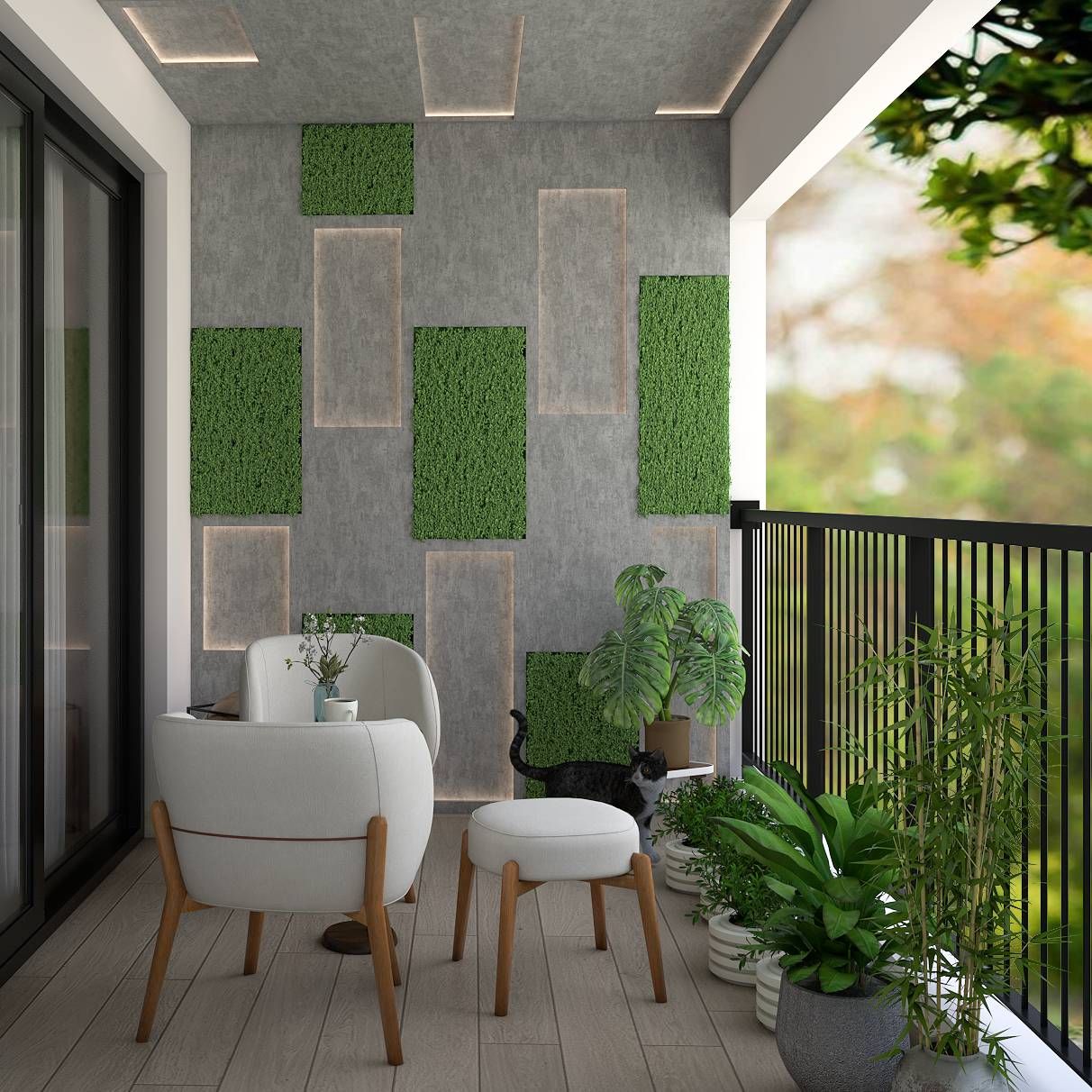 Modern Balcony Design With Grey Textured And Grass Wall