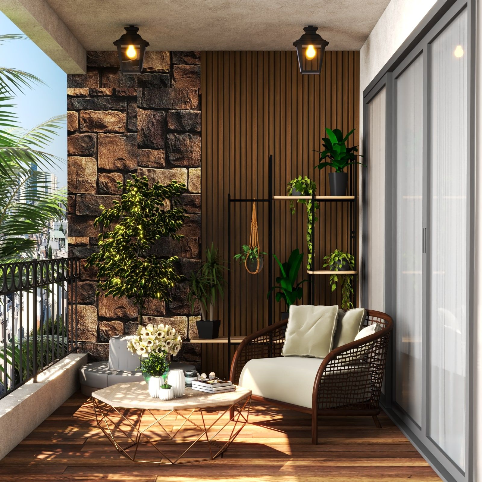 Tropical Balcony Design With Stone Cladding And Wooden Planks