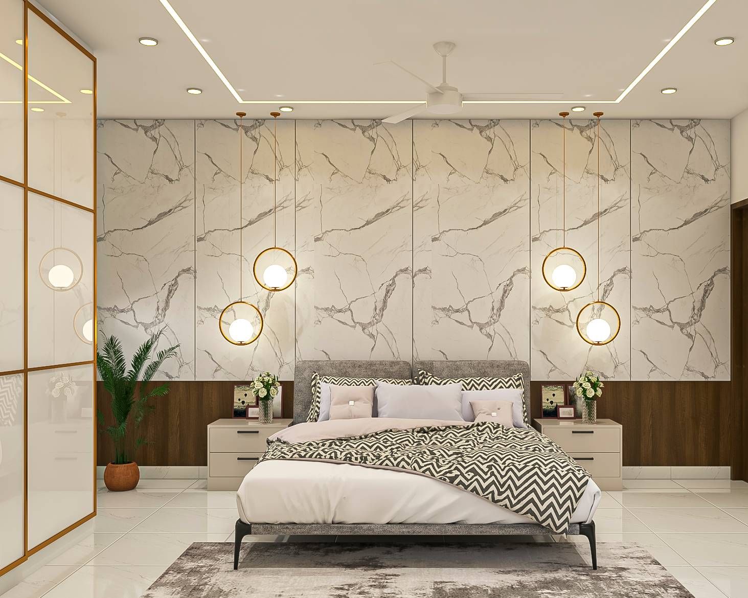 Modern Master Bedroom Design With Marble And Wooden Wall Design