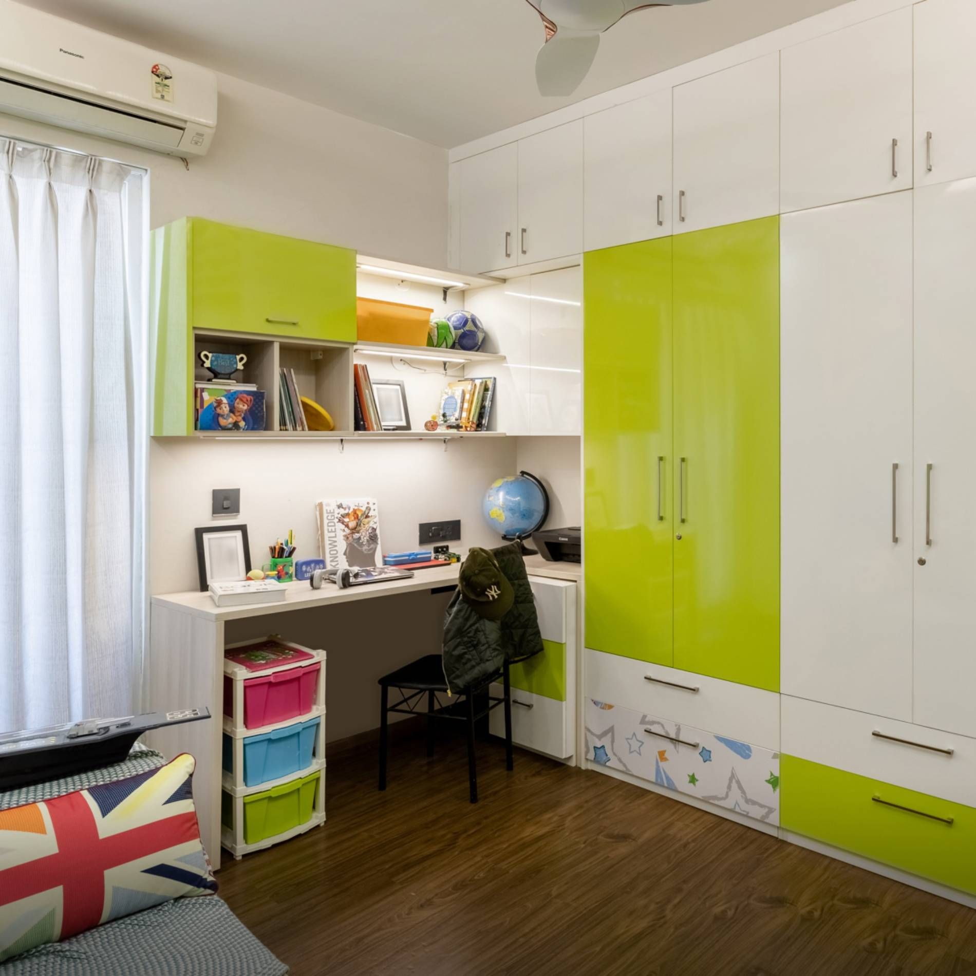 Modern Study Room Design For Kids With Lime And White Wardrobe