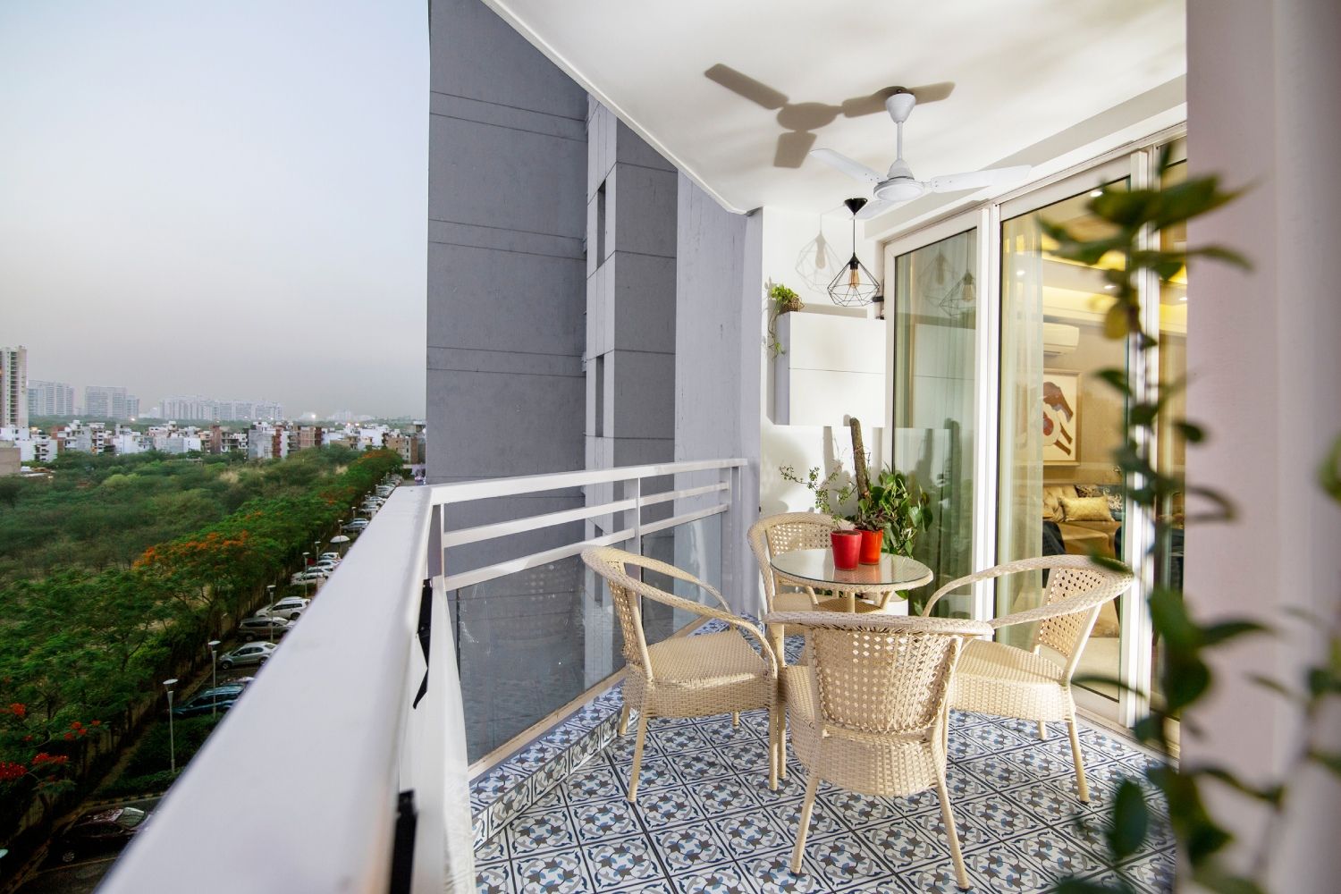 Modern Balcony Design With Grey And White Moroccan Floor Tiling