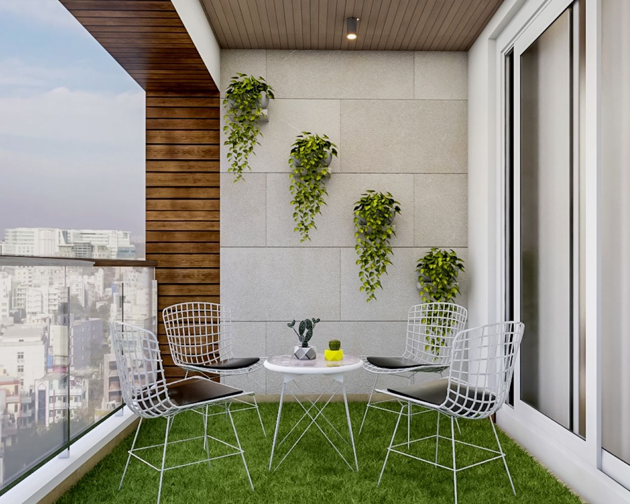 Tropical Balcony Design With Grey Textured Wall Tile