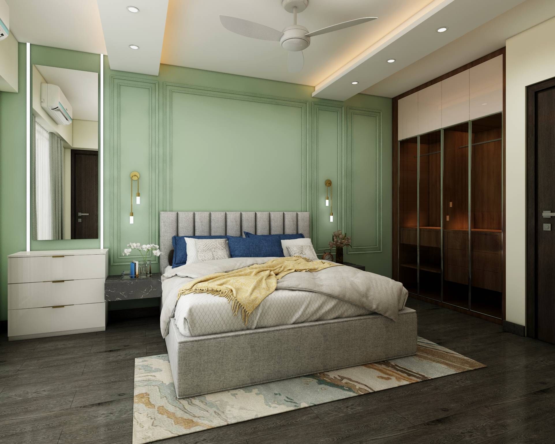 Modern Master Bedroom Design With Grey Upholstered Bed And Mint Green Walls