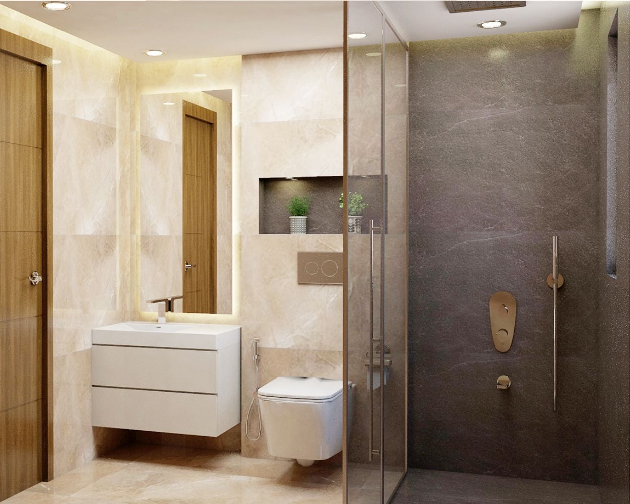 Contemporary Grey And Beige Bathroom Design With Laminated Vanity Unit