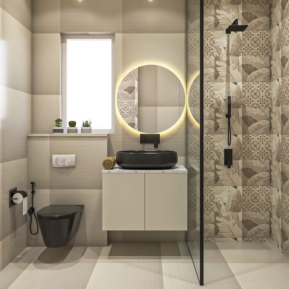 Contemporary Grey And Beige Bathroom Design With Circular Mirror
