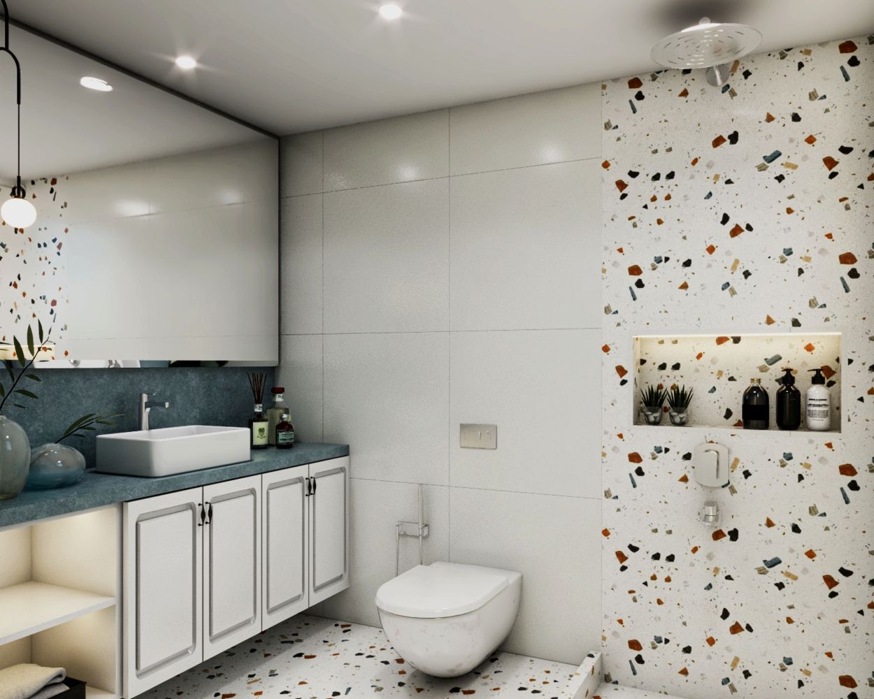Modern White Small Bathroom Design With Pendant Light