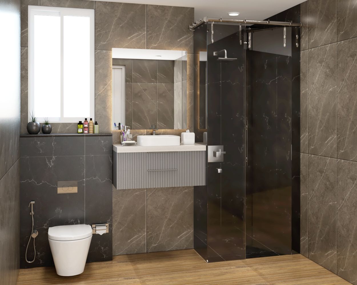 Contemporary Black And Brown Bathroom Design With Square Mirror