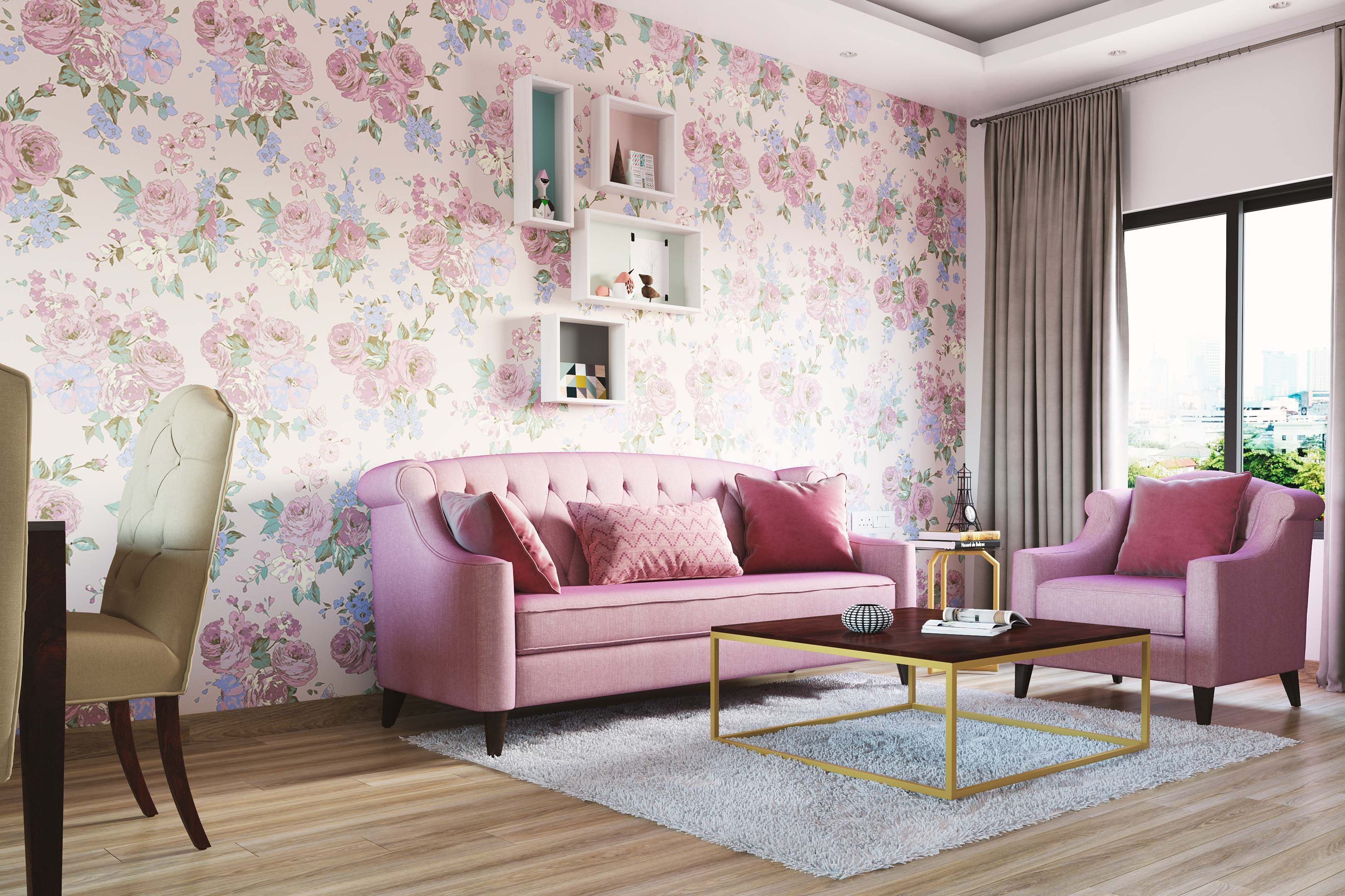 Vintage Pink Living Room Floral Wallpaper Design