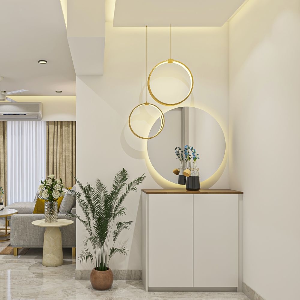 Contemporary White Foyer Design With Round Mirror And Pendant Lights