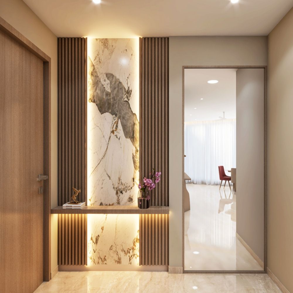 Contemporary Foyer Design With Marble Accent Wall And Fluted Panels