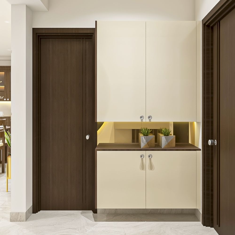 Modern Champagne and Crescent Acacia Foyer Design with Suede Laminate Finish