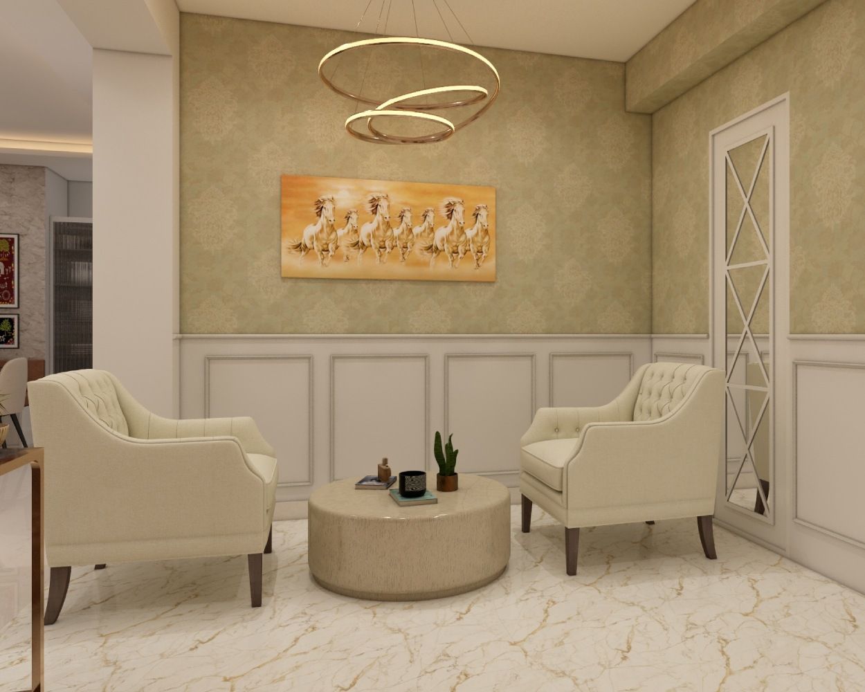 Contemporary Foyer Design With Off-White Accent Chairs