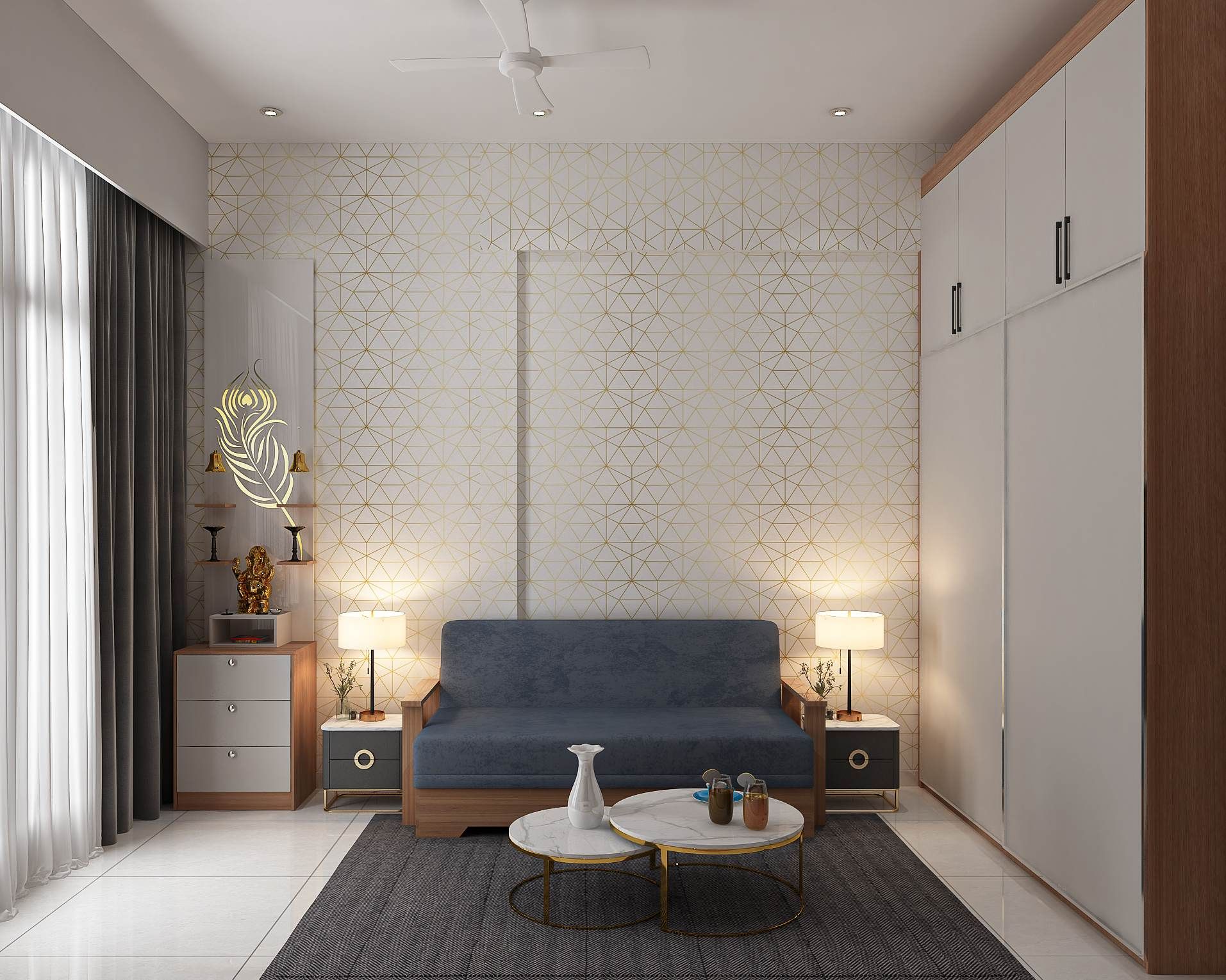 Modern Guest Room Design With Dark Blue Upholstered Sofa