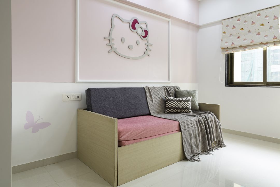 Modern Kids Room Design For Girls With Wooden Sofa Cum Bed