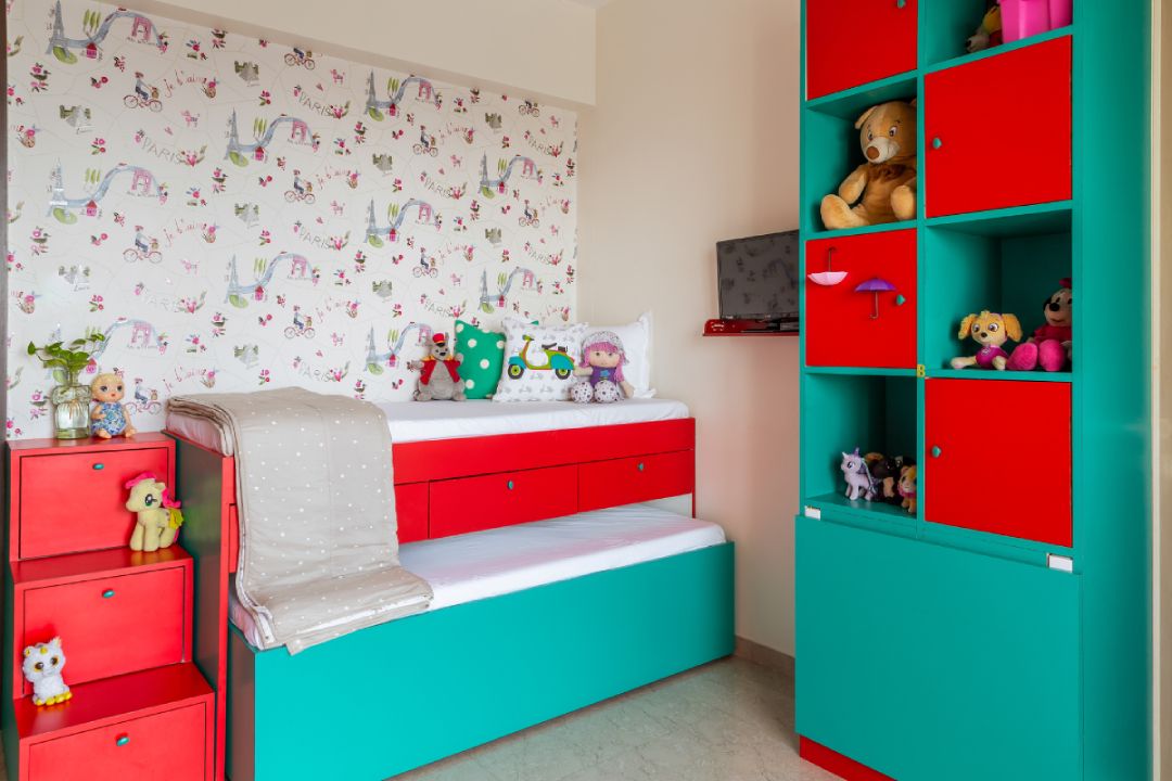 Eclectic Kids Room Design For Girls With Teal And Red Storage Units