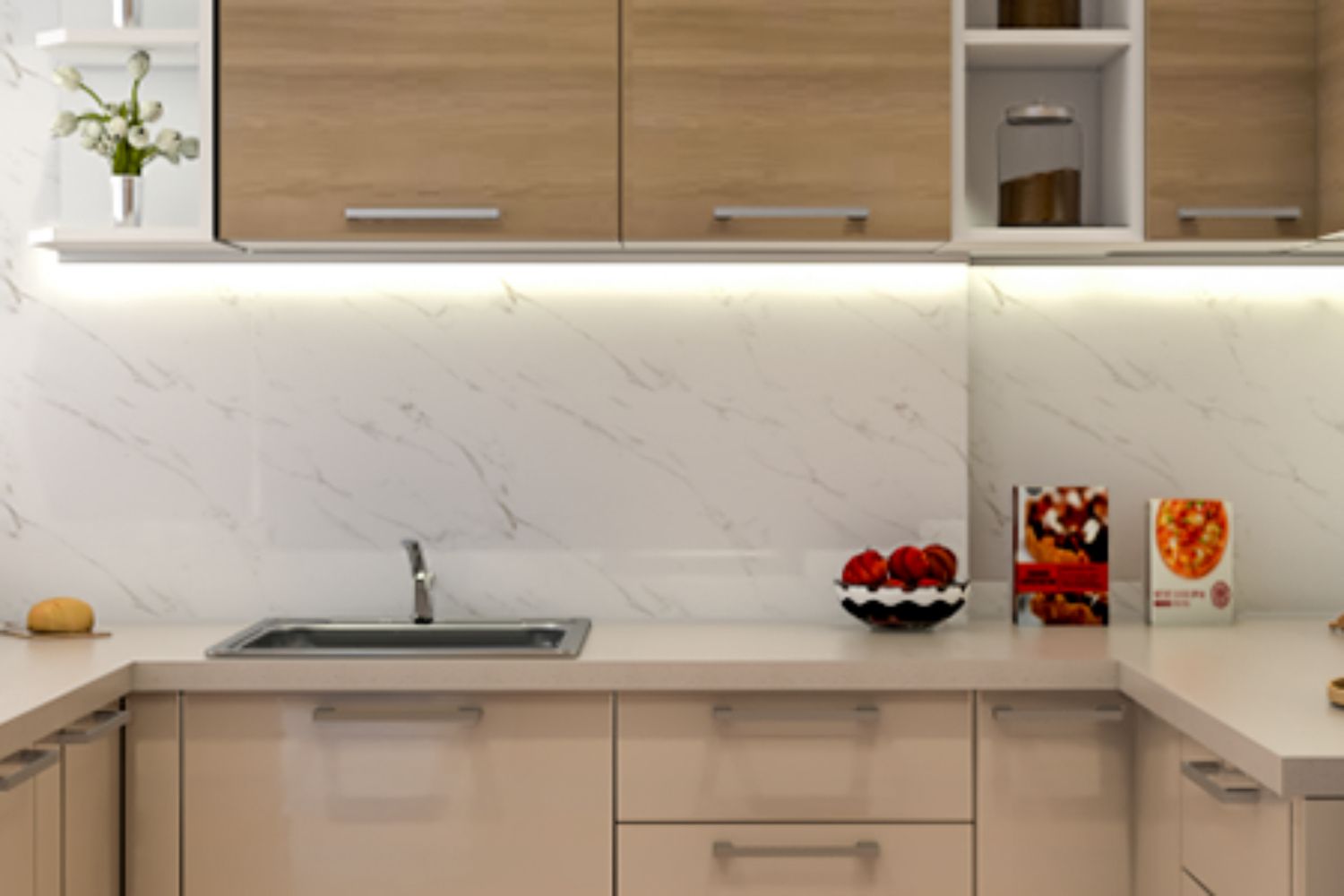 Modern White Glossy Kitchen Tiles Design For Compact Home