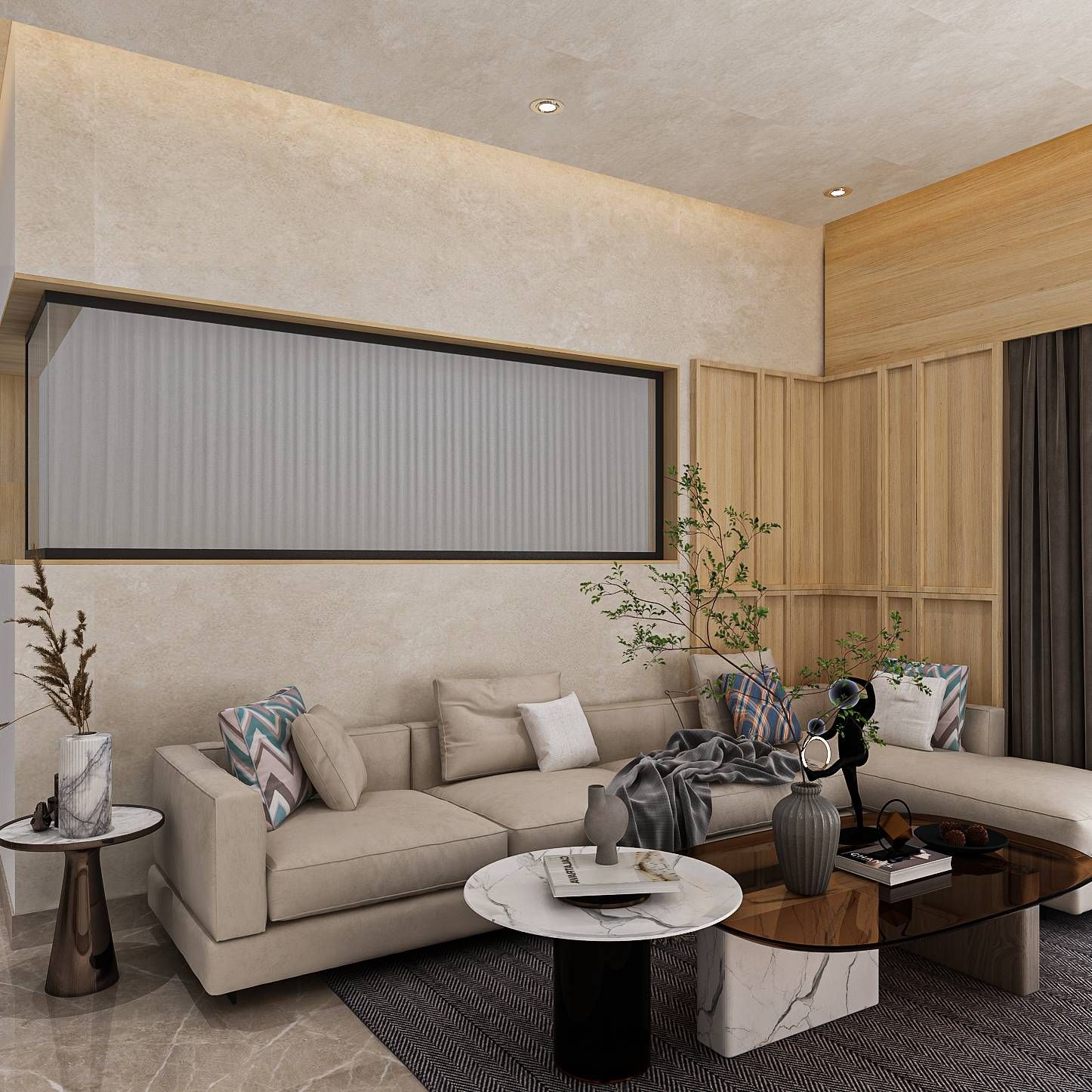 Modern Living Room Design With A Beige 4-Seater Sofa