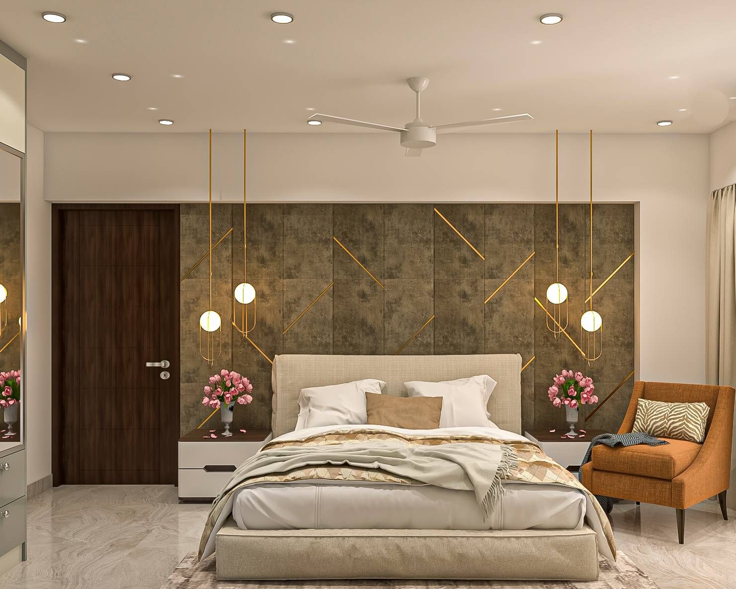 Contemporary Master Bedroom Design With Grey Upholstered Bed And Cream Tufted Headboard