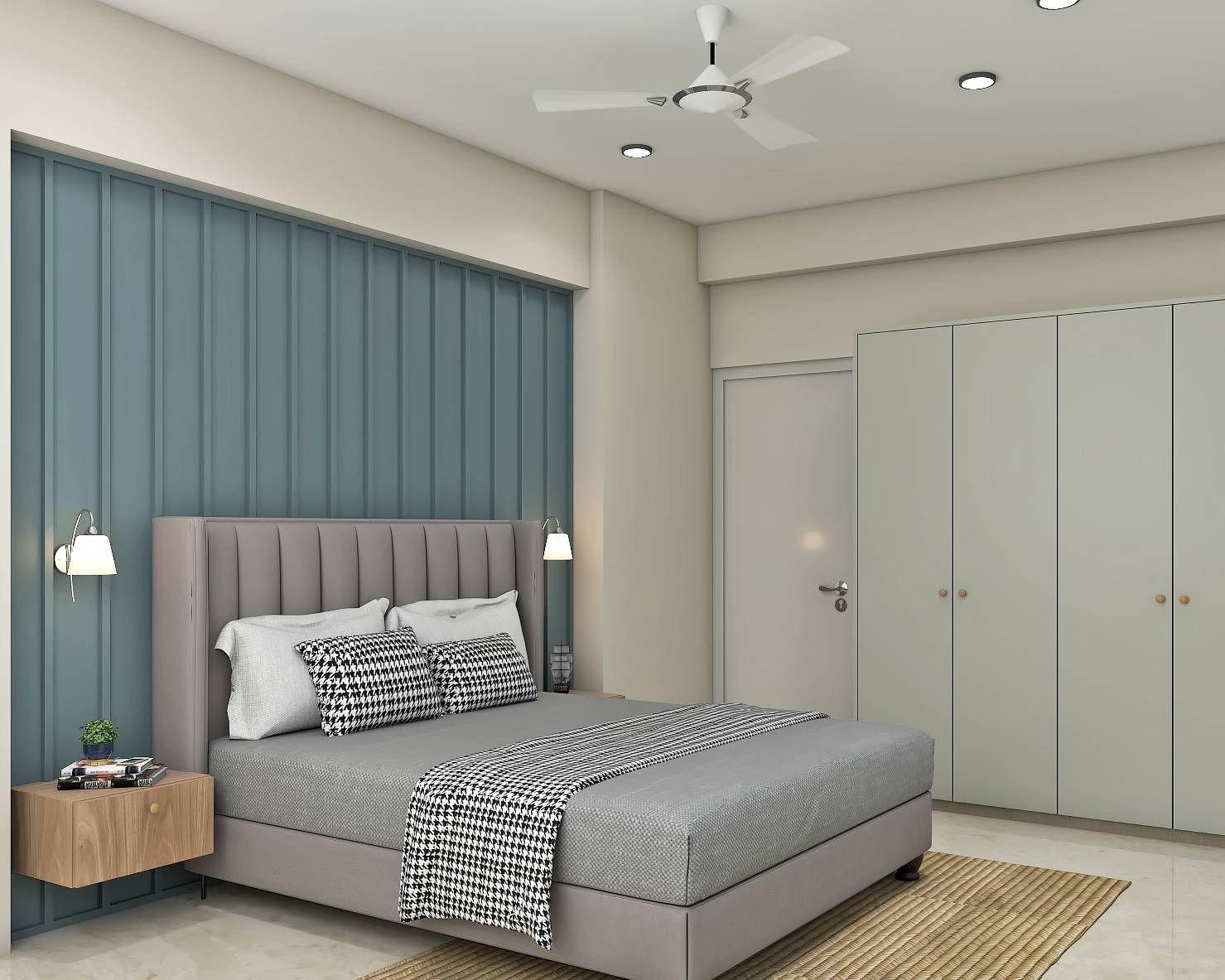 Modern Master Bedroom Deign With Grey Upholstered Bed